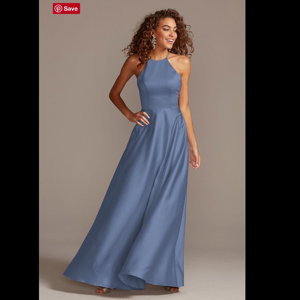 Satin David’s Bridal Blue Steel bridesmaid dress